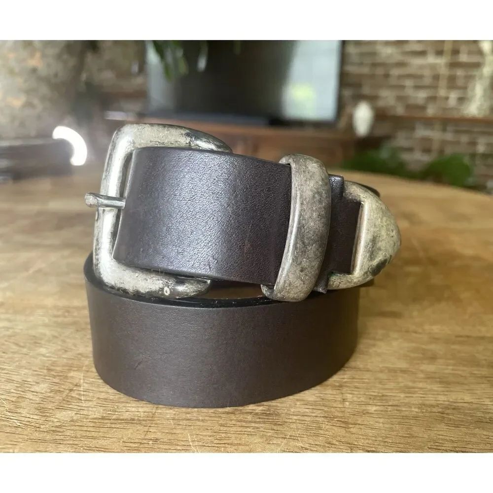 Vintage Brown Leather Belt Distressed Silver Buckle & Tip Western Style 39”